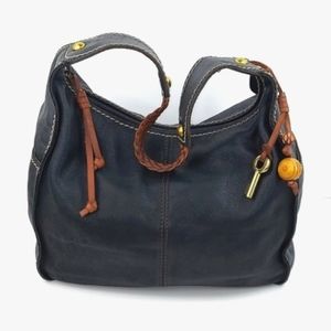 Fossil Dark Leather Hobo Bag with Brown Accents